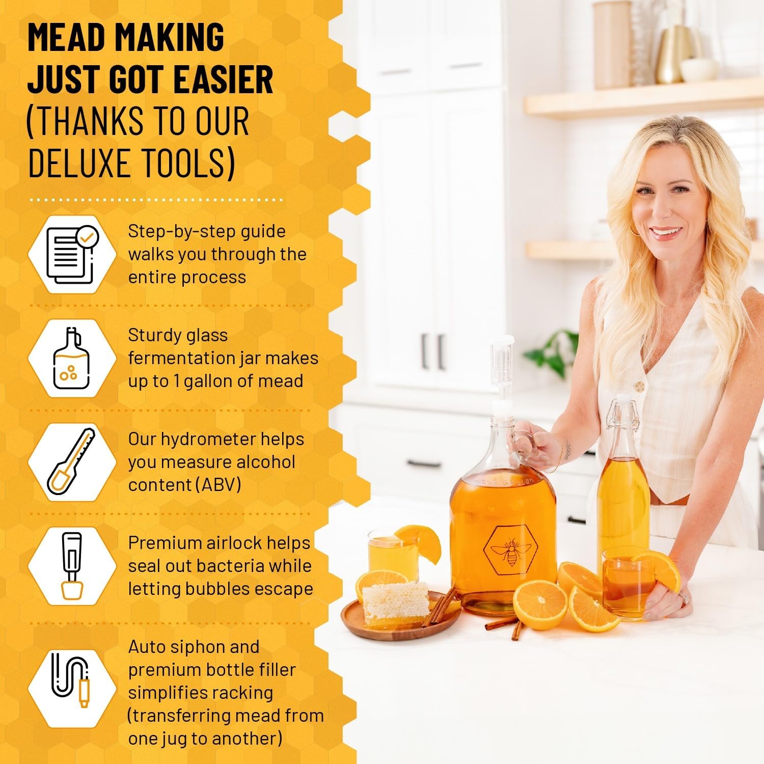 Complete Mead Making Kit for Beginners – Home Brewing Starter Kit – Includes 1 Gallon Glass Jug Carboy - Alcohol Hydrometer for Alcohol Test – Auto Siphon – Airlock – How to Guide and More Medium Standard Deluxe Kit