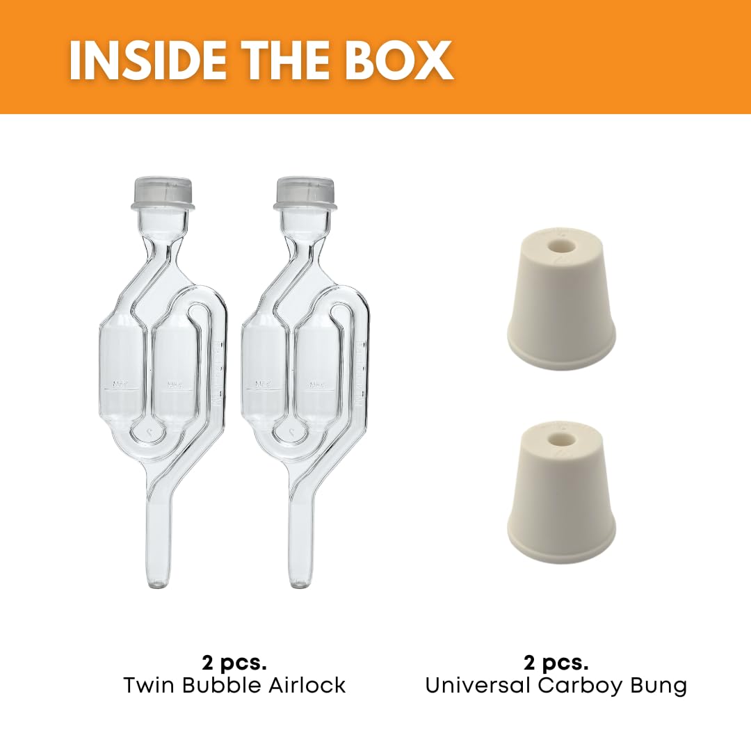 Fastrack Twin Bubble Airlock and Carboy Bung (2-Pack) | Fermentation Airlocks for Homebrew
